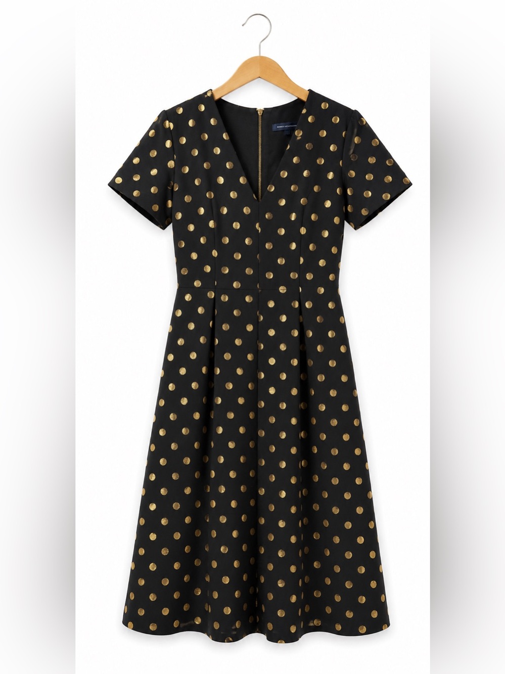 Tommy Hilfiger Black Gold Polka Dot Fit & Flare Dress Women’s Size 6 V-Neck